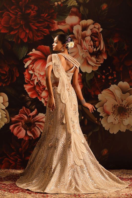 Champagne Gold Lehenga with Sequin & Bead Embellished Off-Shoulder Blouse