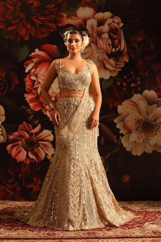 Gold Sequin Lehenga with Scalloped Strap Blouse