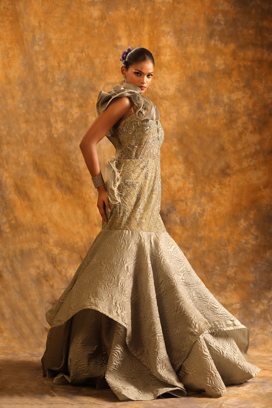 Mustard Lehenga with Golden Embroidery & Beaded Embellished Blouse