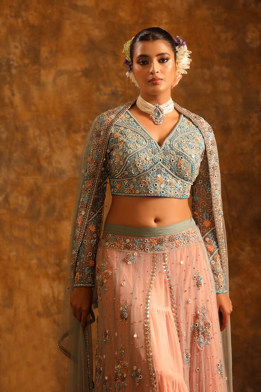 Pastel Peach & Sage Lehenga with Floral Embroidery & Sheer Dupatta