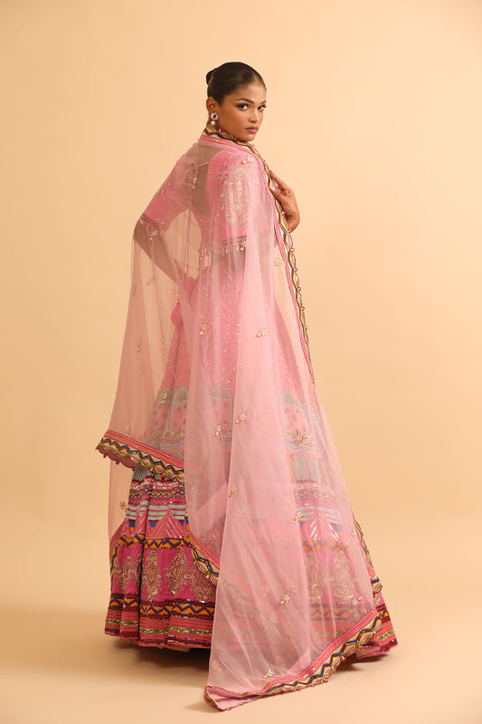 Pink Lehenga with Sequin Work & Chevron Embroidered Skirt