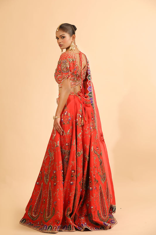 Vibrant Orange Lehenga with Mirror Work & Gold Embroidery