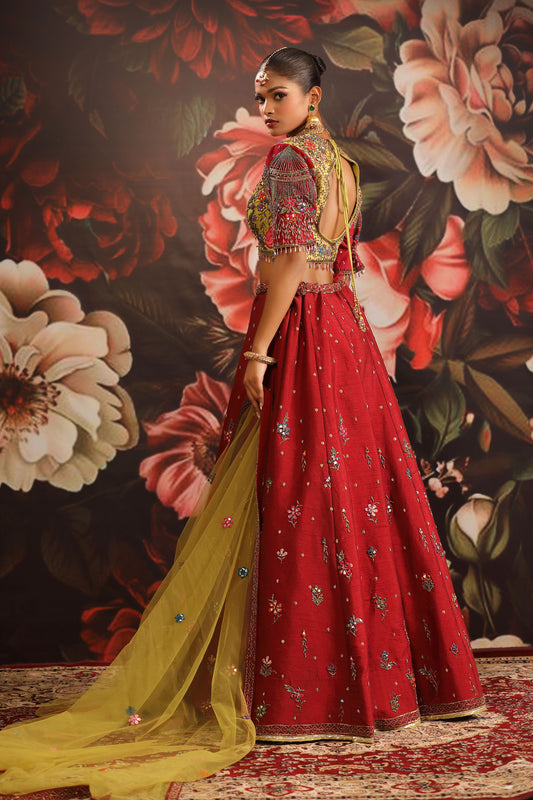 Red Floral Lehenga with Olive Green Embroidered Blouse & Yellow Dupatta