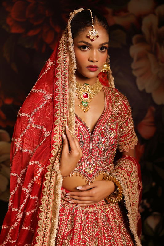 Regal Red Bridal Lehenga with Gold Zari Embroidery & Lace Dupatta