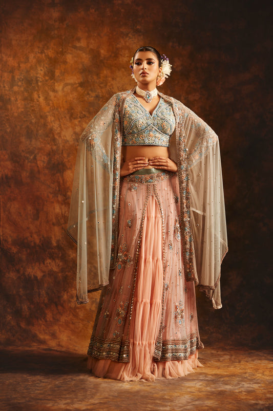 Pastel Peach & Sage Lehenga with Floral Embroidery & Sheer Dupatta
