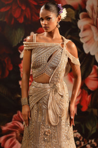 Champagne Gold Lehenga with Sequin & Bead Embellished Off-Shoulder Blouse