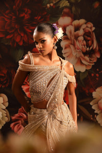 Champagne Gold Lehenga with Sequin & Bead Embellished Off-Shoulder Blouse