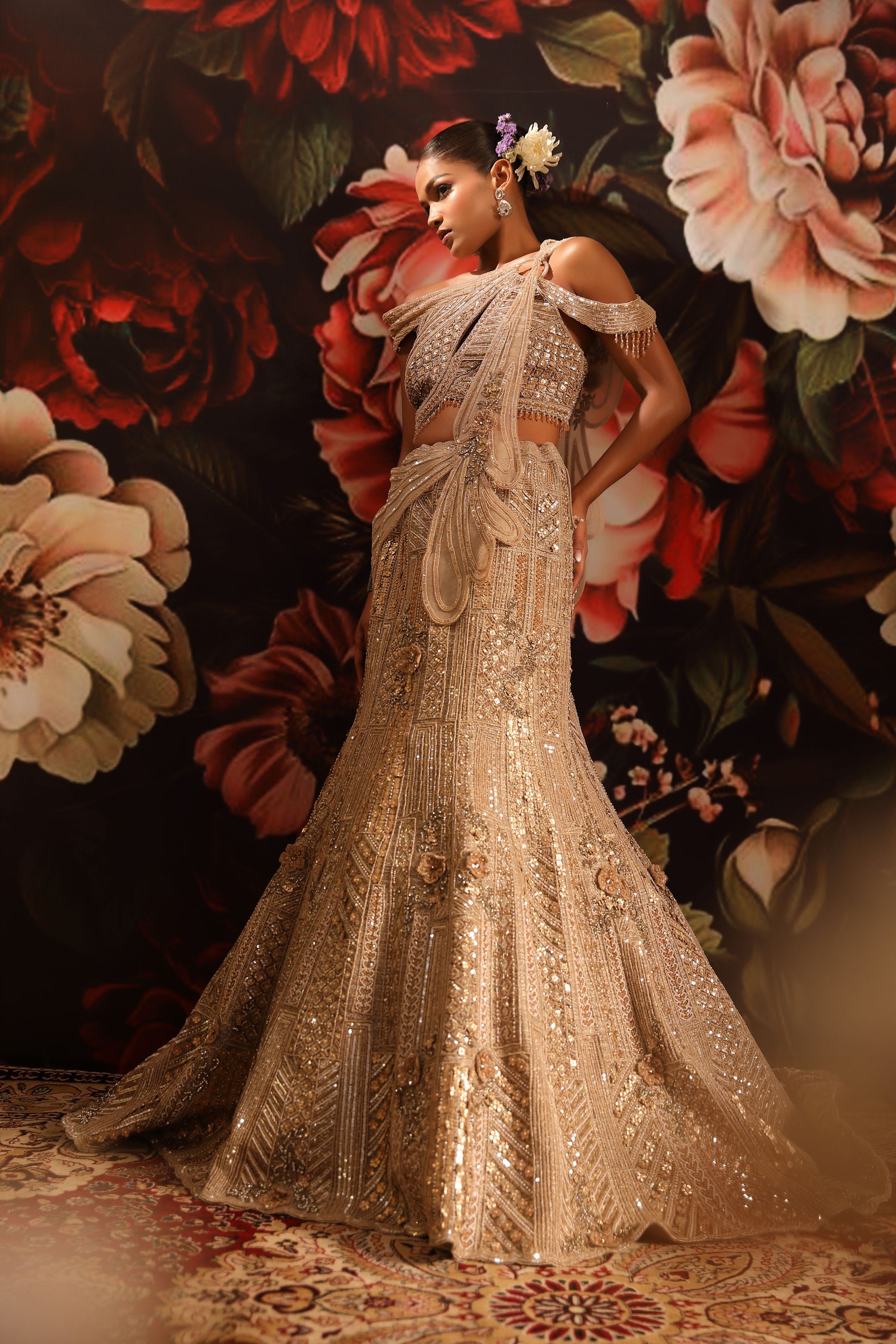 Champagne Gold Lehenga with Sequin & Bead Embellished Off-Shoulder Blouse