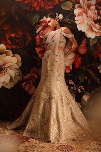 Champagne Gold Lehenga with Sequin & Bead Embellished Off-Shoulder Blouse