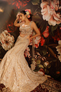 Woman in a sparkling saree against a floral background