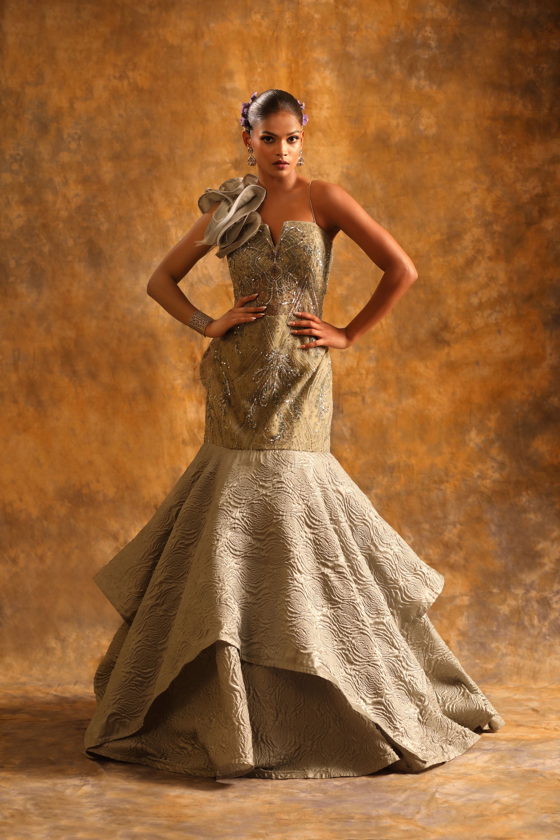 Mustard Lehenga with Golden Embroidery & Beaded Embellished Blouse