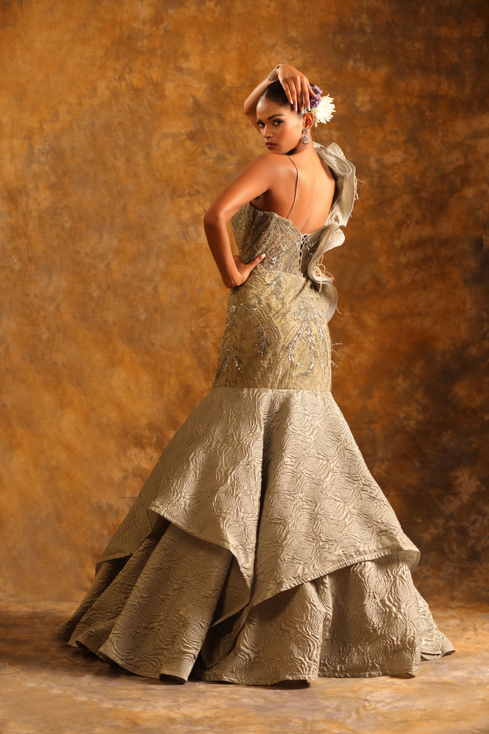 Mustard Lehenga with Golden Embroidery & Beaded Embellished Blouse
