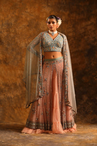 Pastel Peach & Sage Lehenga with Floral Embroidery & Sheer Dupatta