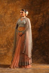 Pastel Peach & Sage Lehenga with Floral Embroidery & Sheer Dupatta
