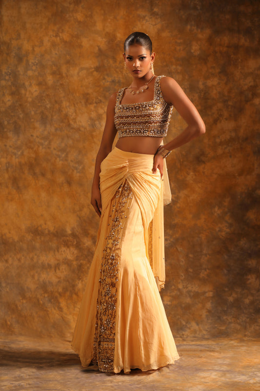 Soft Peach Skirt with Silver Embroidery & Beaded Sleeveless Blouse