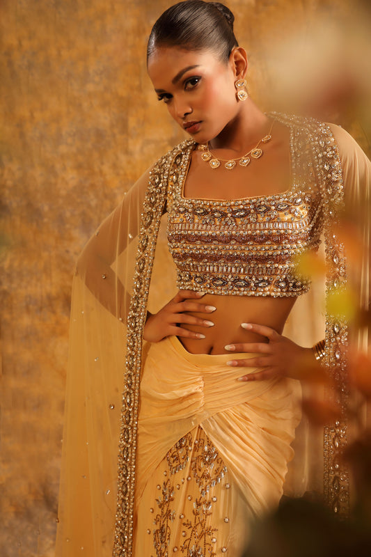 Soft Peach Skirt with Silver Embroidery & Beaded Sleeveless Blouse