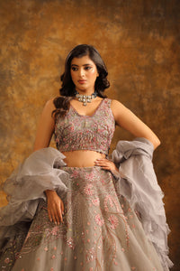 Smoky Grey Lehenga with Pink Floral Embroidery & Ruffled Dupatta