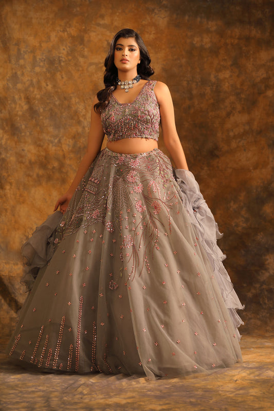 Smoky Grey Lehenga with Pink Floral Embroidery & Ruffled Dupatta