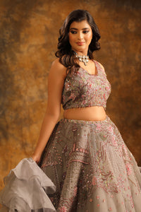 Smoky Grey Lehenga with Pink Floral Embroidery & Ruffled Dupatta