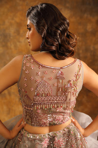 Smoky Grey Lehenga with Pink Floral Embroidery & Ruffled Dupatta