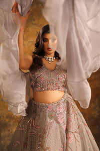 Smoky Grey Lehenga with Pink Floral Embroidery & Ruffled Dupatta