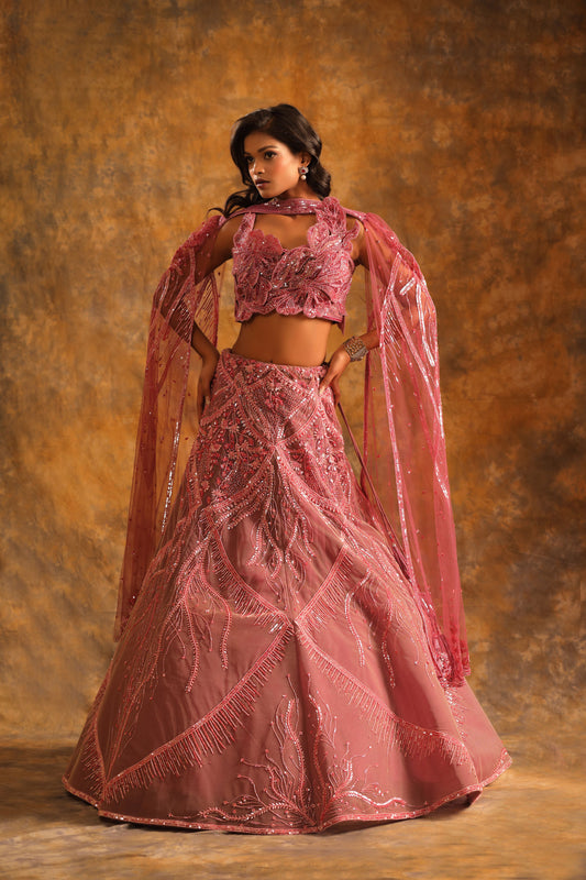 Dusty Rose Lehenga with Sequin Embroidery & Sculpted Blouse