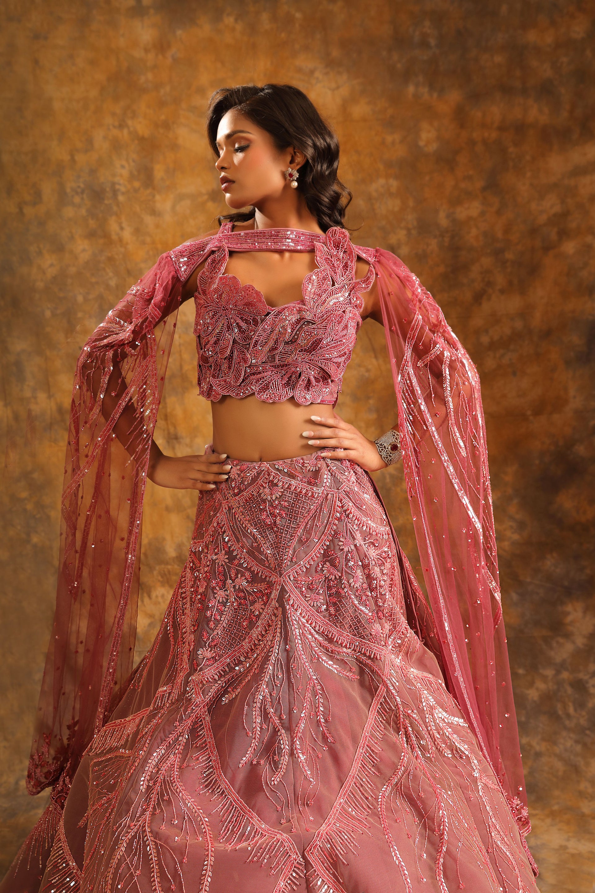 Dusty Rose Lehenga with Sequin Embroidery & Sculpted Blouse