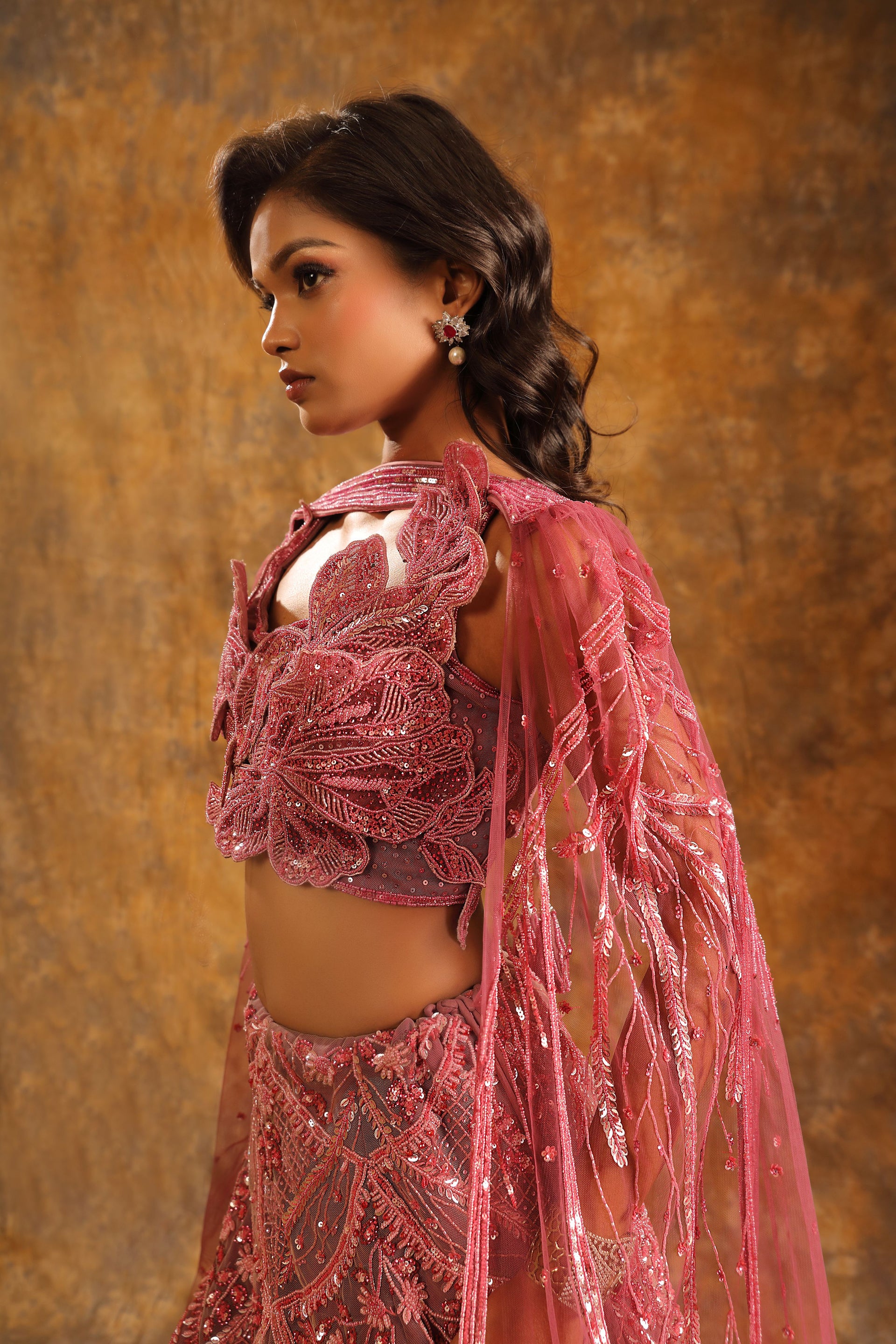Dusty Rose Lehenga with Sequin Embroidery & Sculpted Blouse