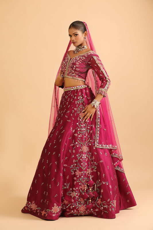 Deep Magenta Lehenga with Peach-Gold Floral Embroidery & Beaded Blouse