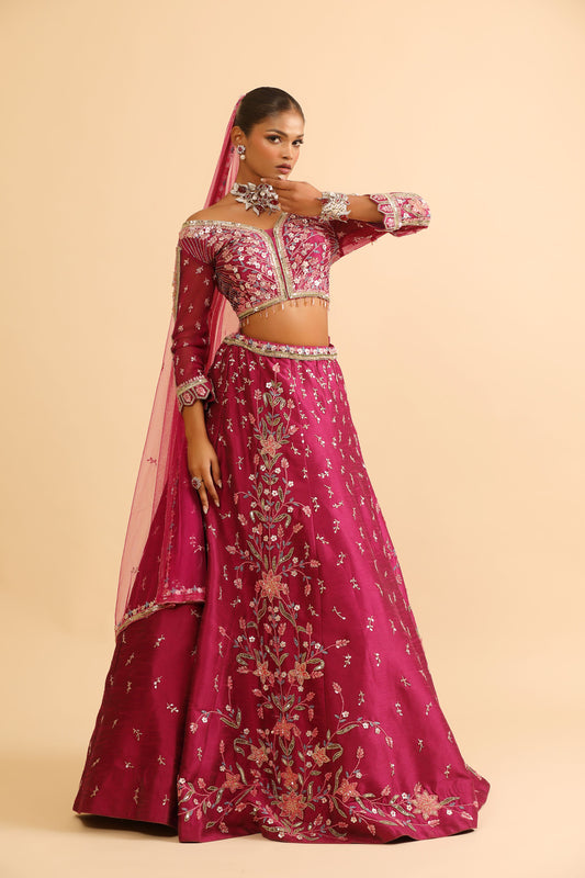 Deep Magenta Lehenga with Peach-Gold Floral Embroidery & Beaded Blouse
