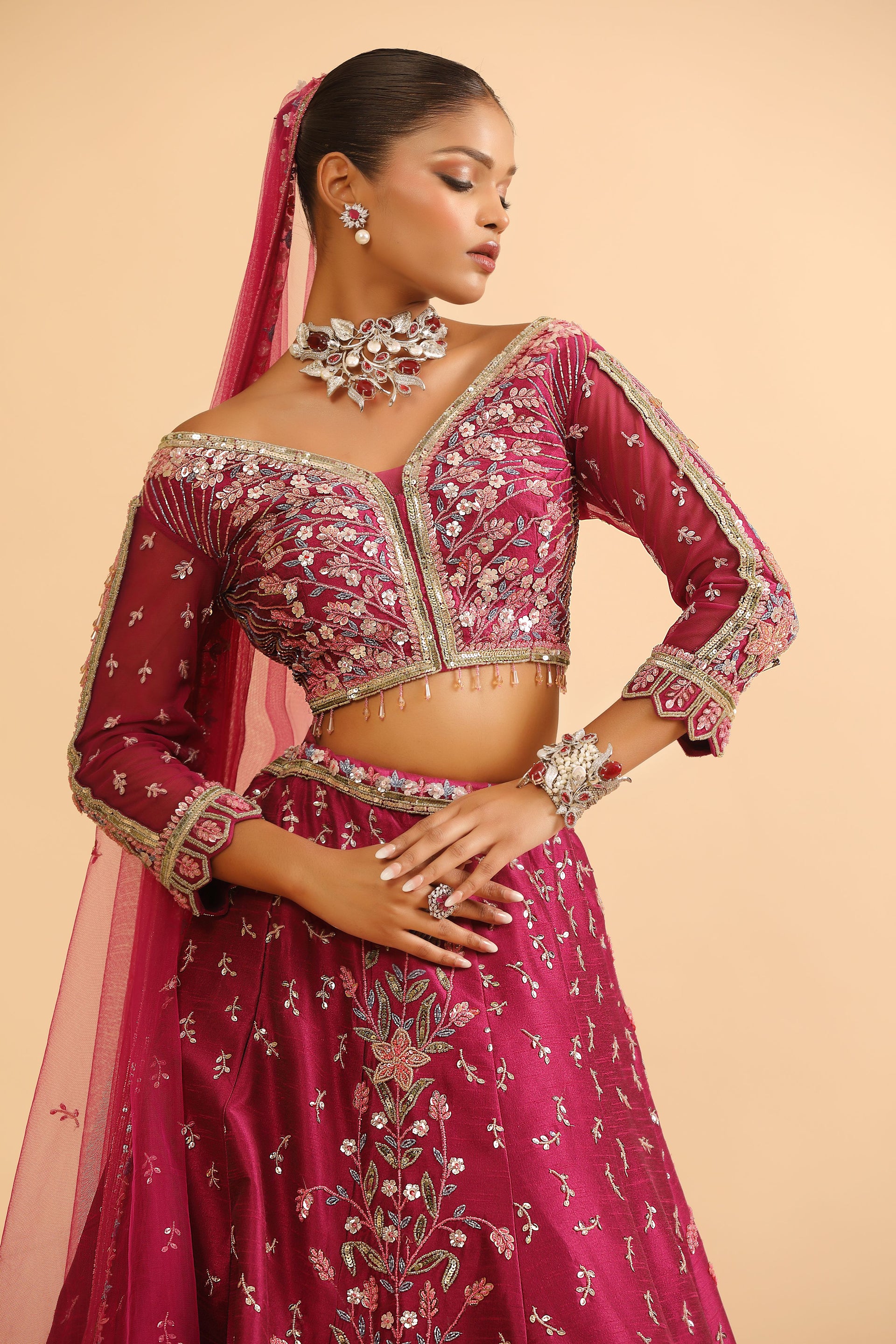 Deep Magenta Lehenga with Peach-Gold Floral Embroidery & Beaded Blouse