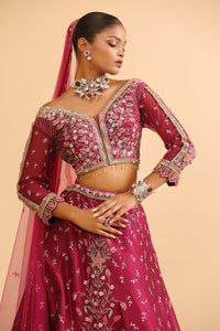Deep Magenta Lehenga with Peach-Gold Floral Embroidery & Beaded Blouse
