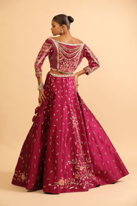 Deep Magenta Lehenga with Peach-Gold Floral Embroidery & Beaded Blouse