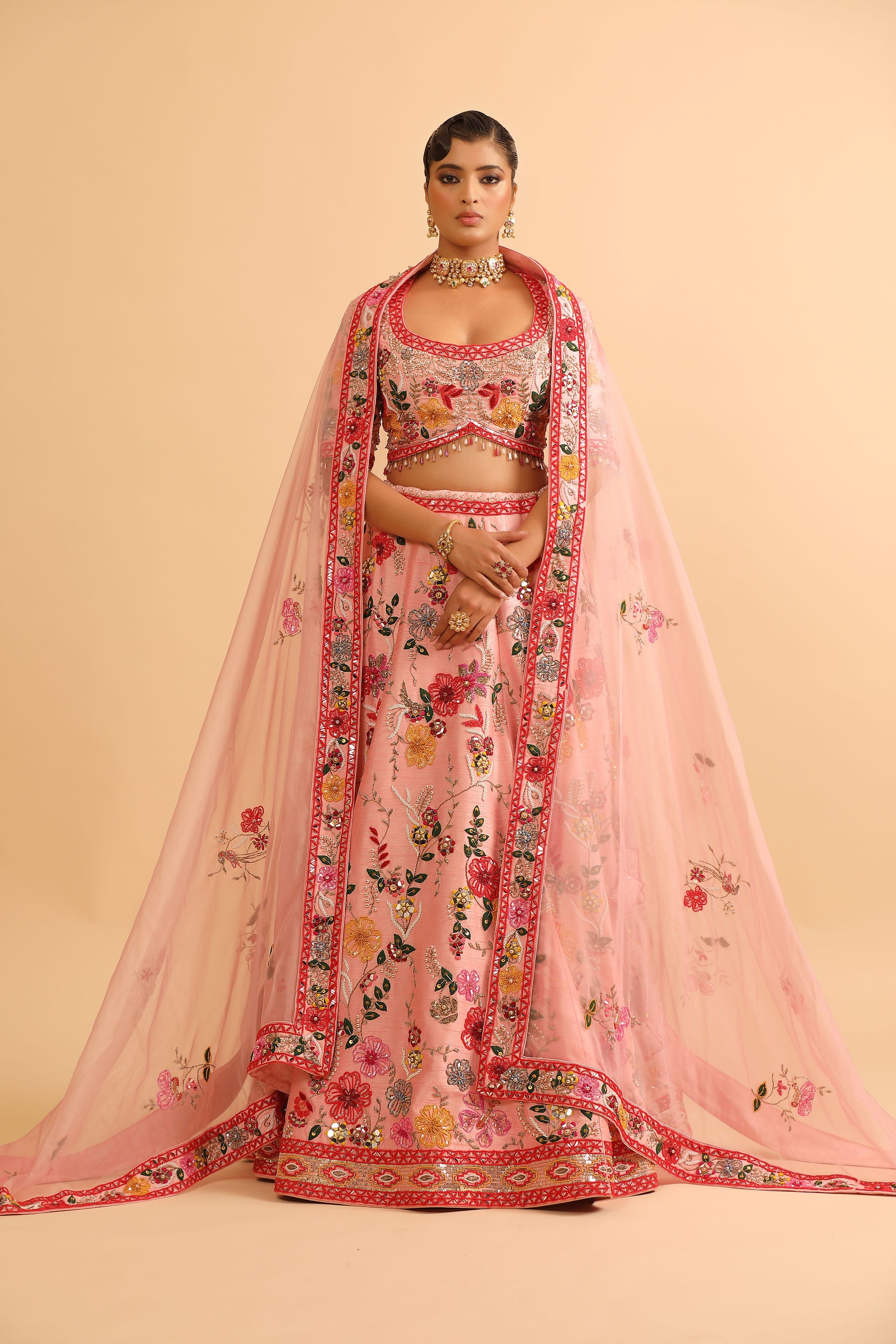 Blush Pink Floral Embroidered Lehenga with Mirror Work Choli