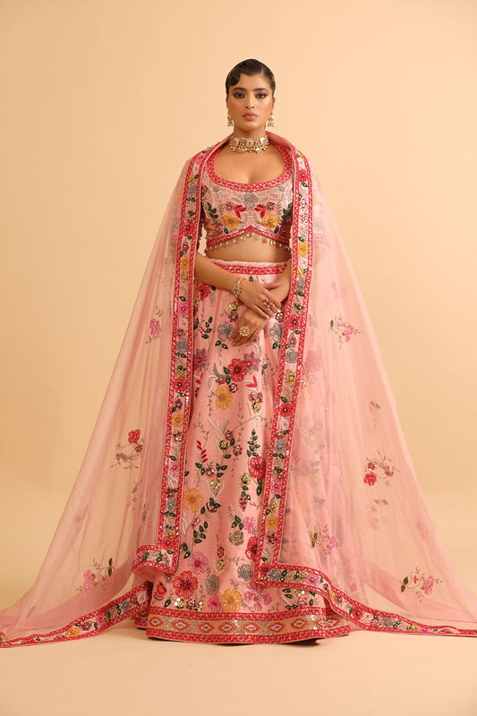 Blush Pink Floral Embroidered Lehenga with Mirror Work Choli