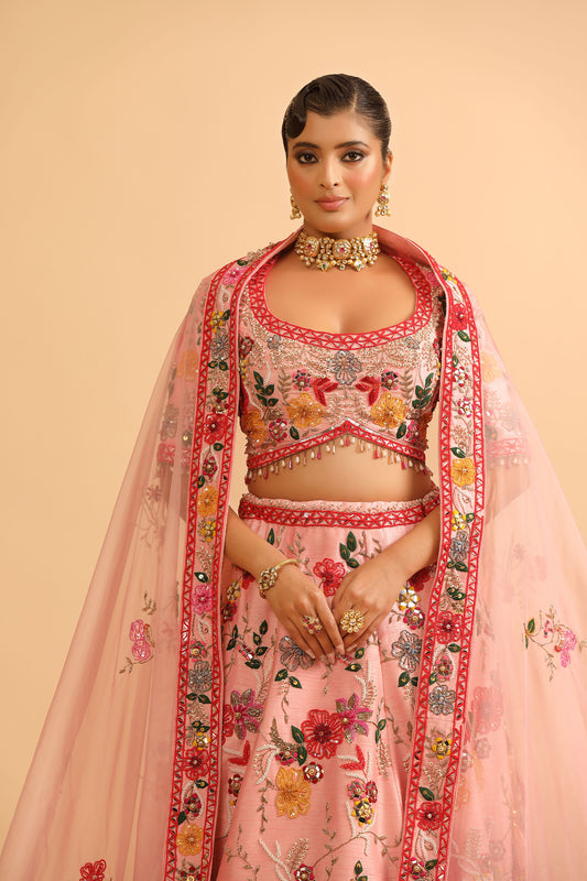 Blush Pink Floral Embroidered Lehenga with Mirror Work Choli