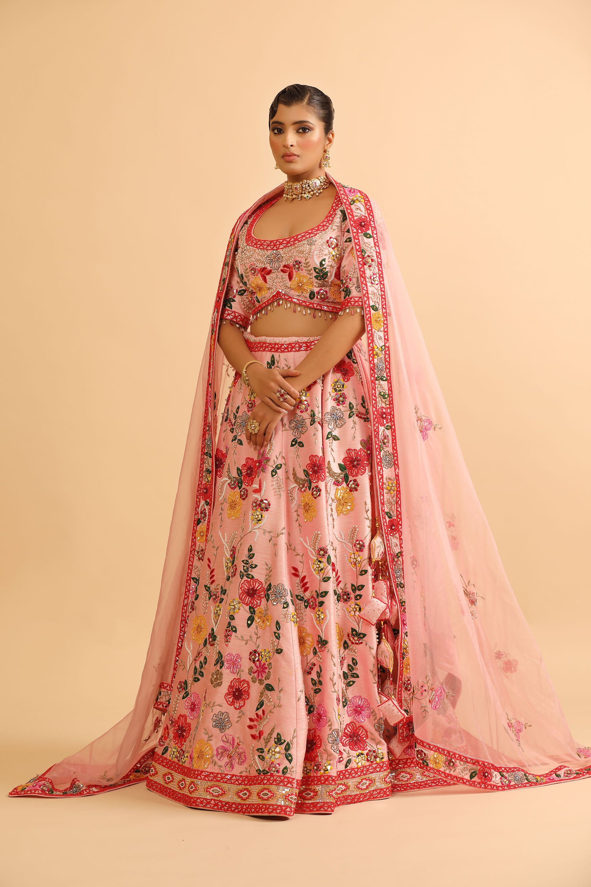 Blush Pink Floral Embroidered Lehenga with Mirror Work Choli