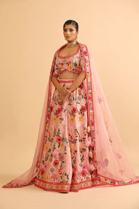 Blush Pink Floral Embroidered Lehenga with Mirror Work Choli