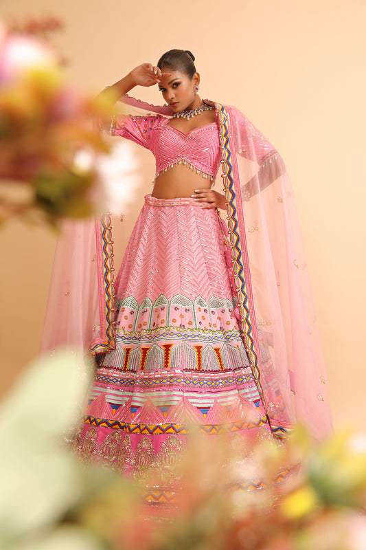 Pink Lehenga with Sequin Work & Chevron Embroidered Skirt