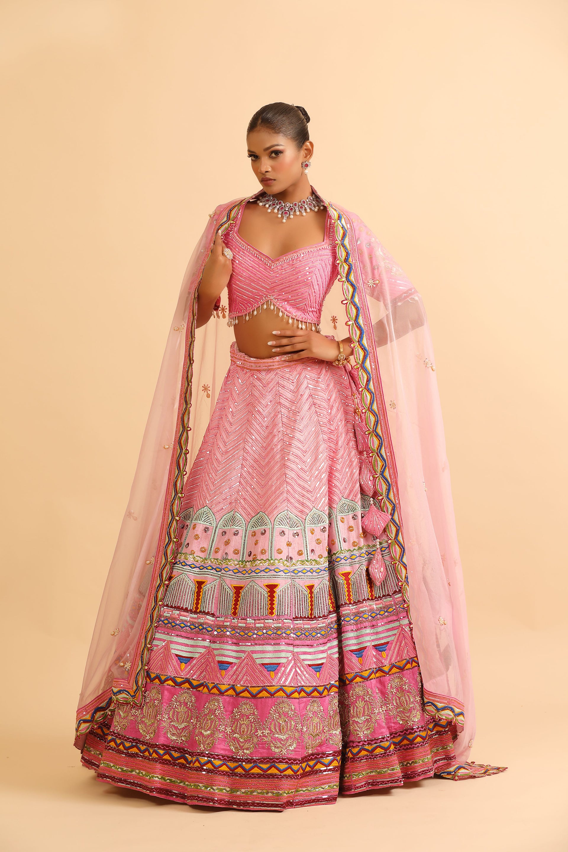 Pink Lehenga with Sequin Work & Chevron Embroidered Skirt