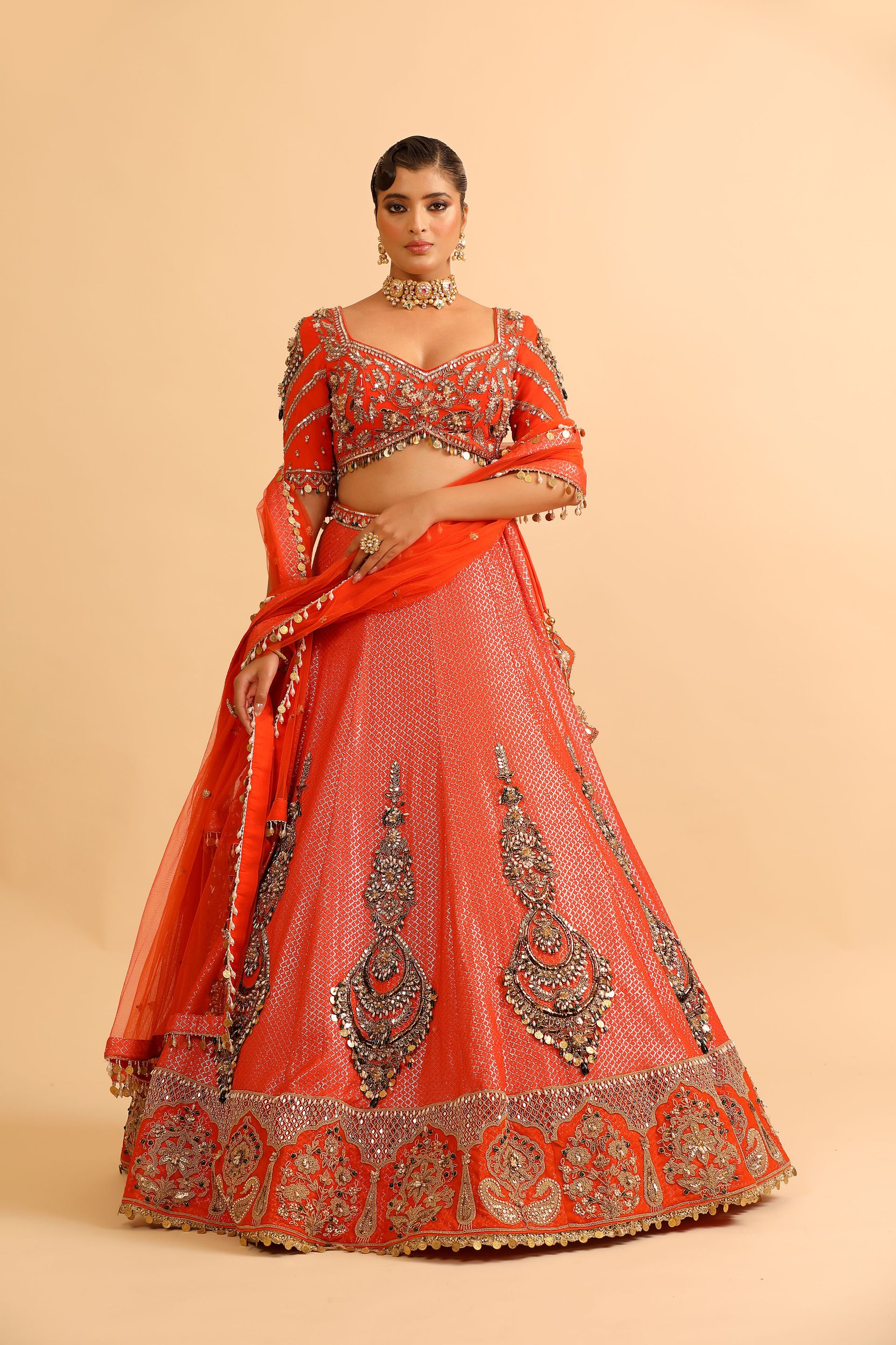 Fiery Orange Lehenga with Mirror & Zari Embroidery and Embellished Blouse