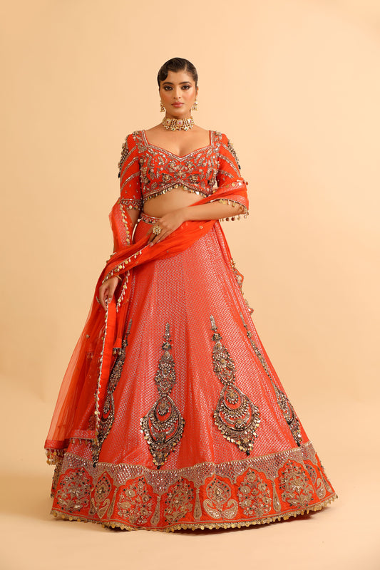 Fiery Orange Lehenga with Mirror & Zari Embroidery and Embellished Blouse
