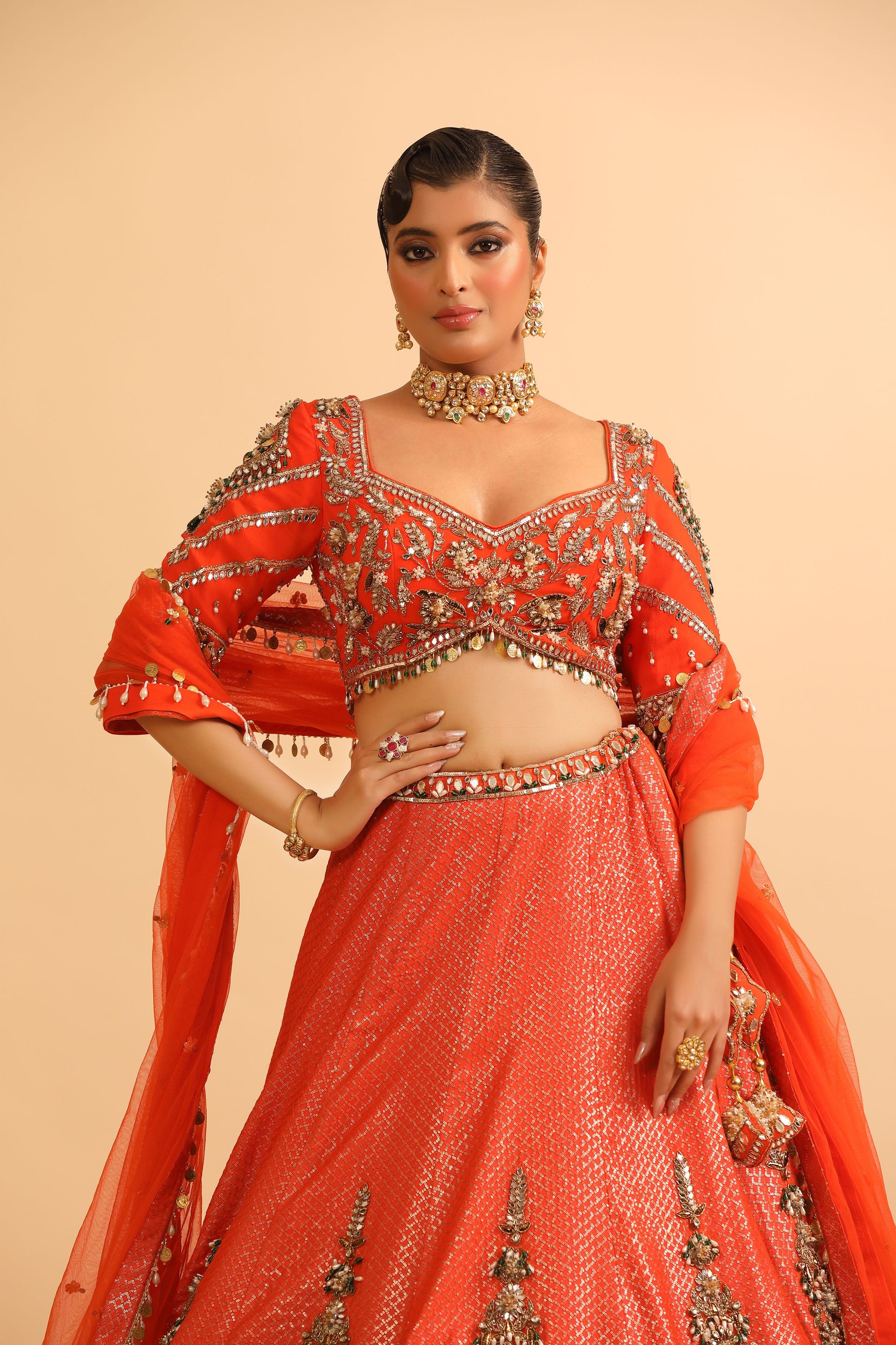 Fiery Orange Lehenga with Mirror & Zari Embroidery and Embellished Blouse
