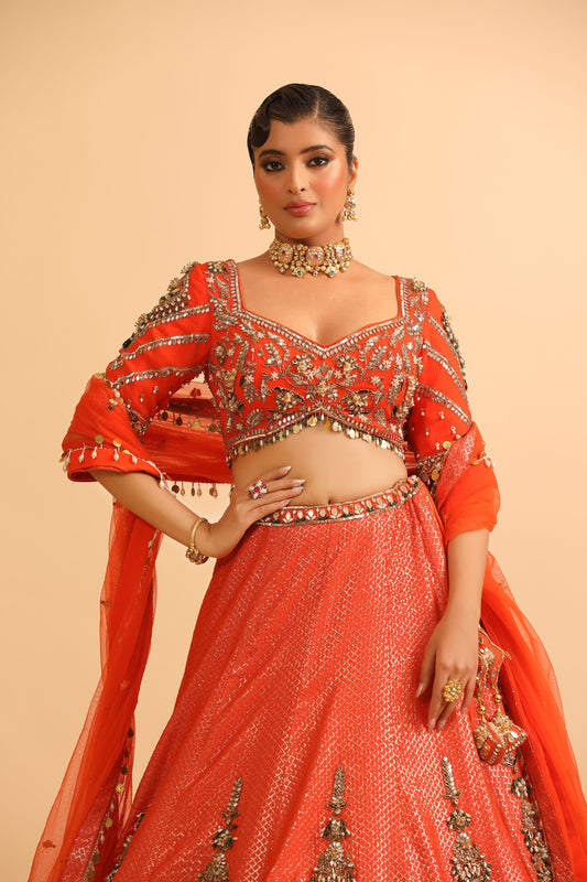 Fiery Orange Lehenga with Mirror & Zari Embroidery and Embellished Blouse