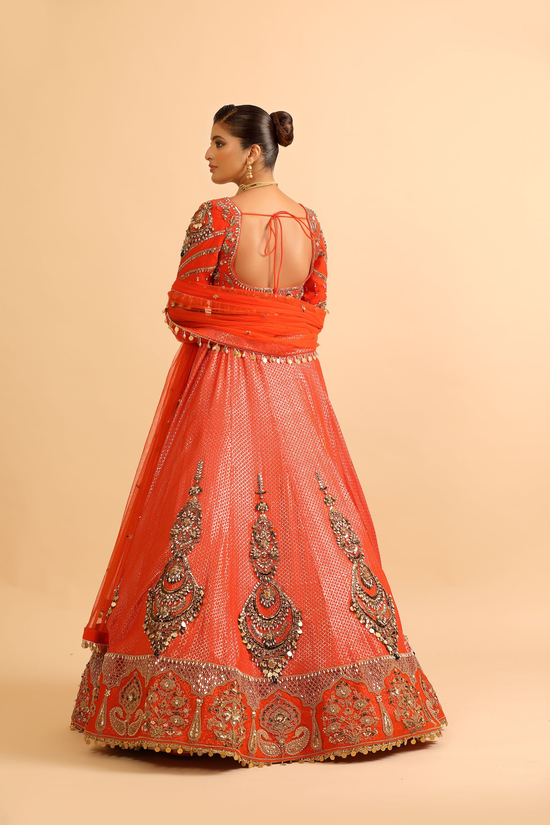 Fiery Orange Lehenga with Mirror & Zari Embroidery and Embellished Blouse
