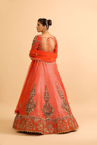 Fiery Orange Lehenga with Mirror & Zari Embroidery and Embellished Blouse
