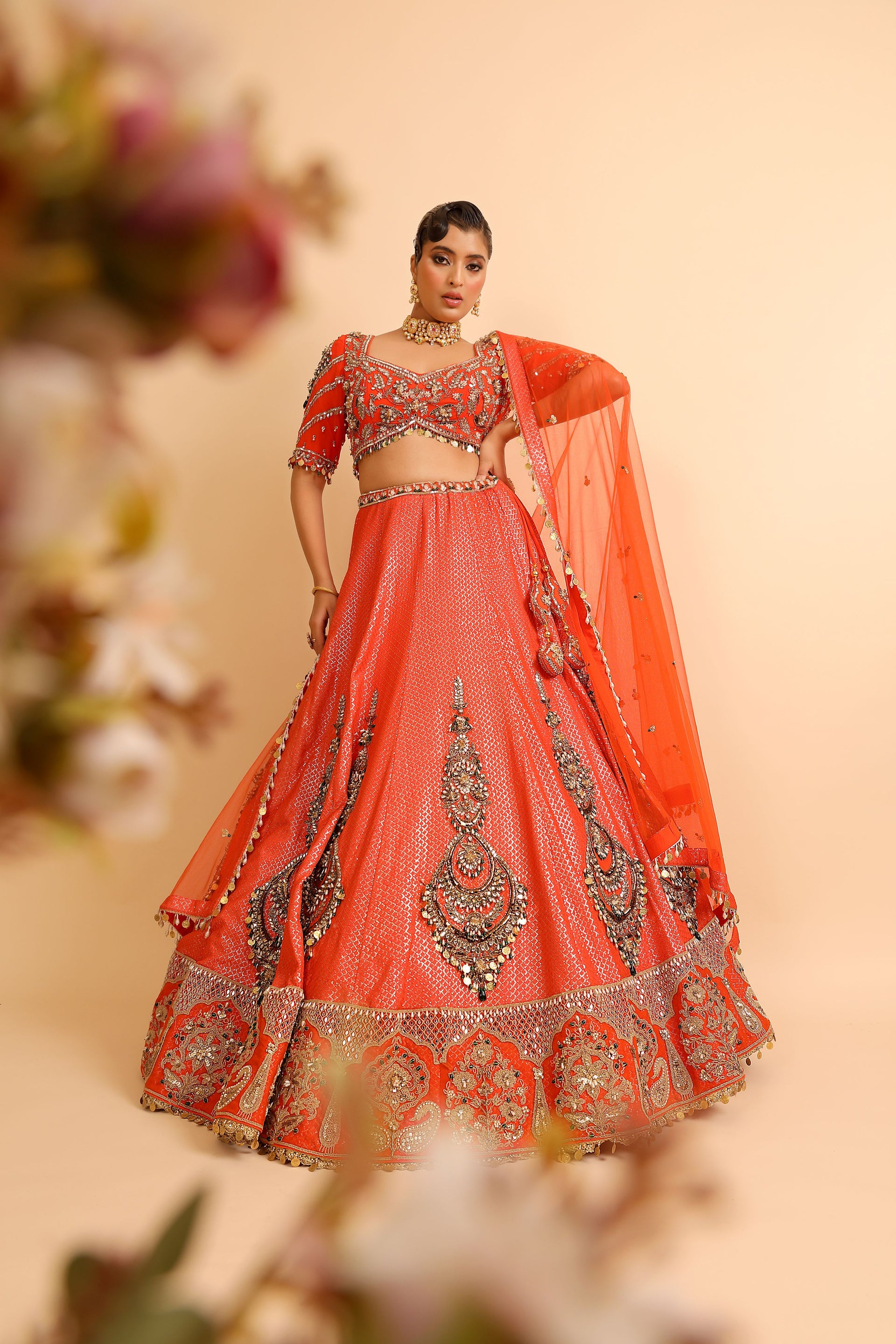 Fiery Orange Lehenga with Mirror & Zari Embroidery and Embellished Blouse