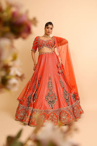 Fiery Orange Lehenga with Mirror & Zari Embroidery and Embellished Blouse