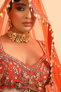Fiery Orange Lehenga with Mirror & Zari Embroidery and Embellished Blouse