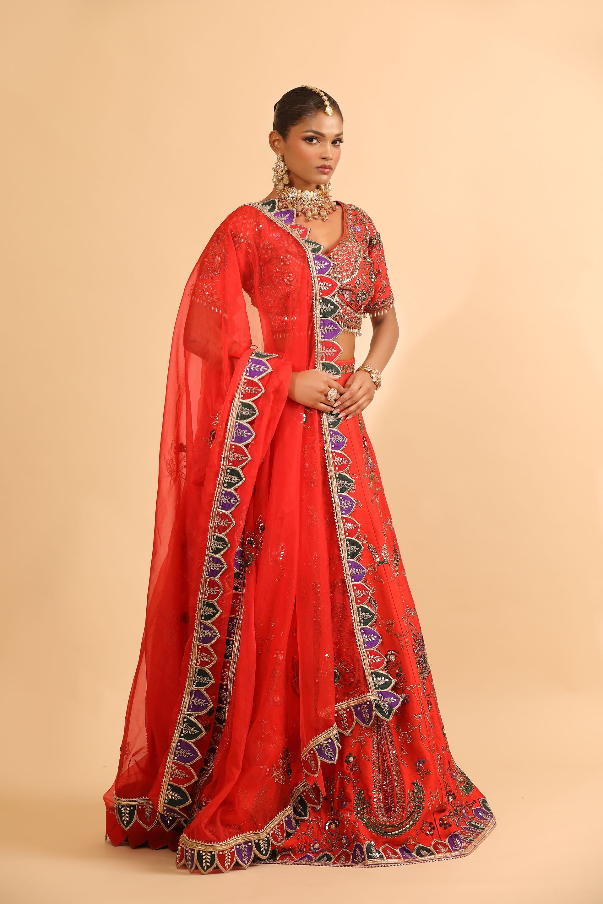 Vibrant Orange Lehenga with Mirror Work & Gold Embroidery